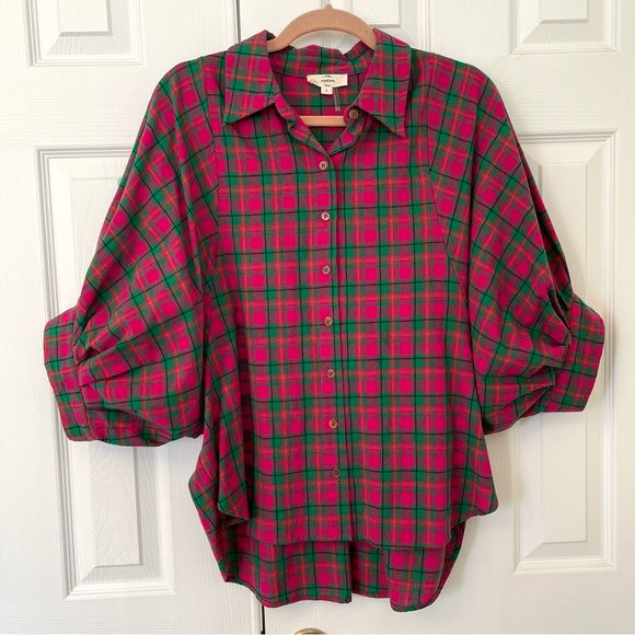 Entro Vibrant Puff Sleeve Hot Pink & Green Oversized Plaid Cotton Top - Picture 5 of 15